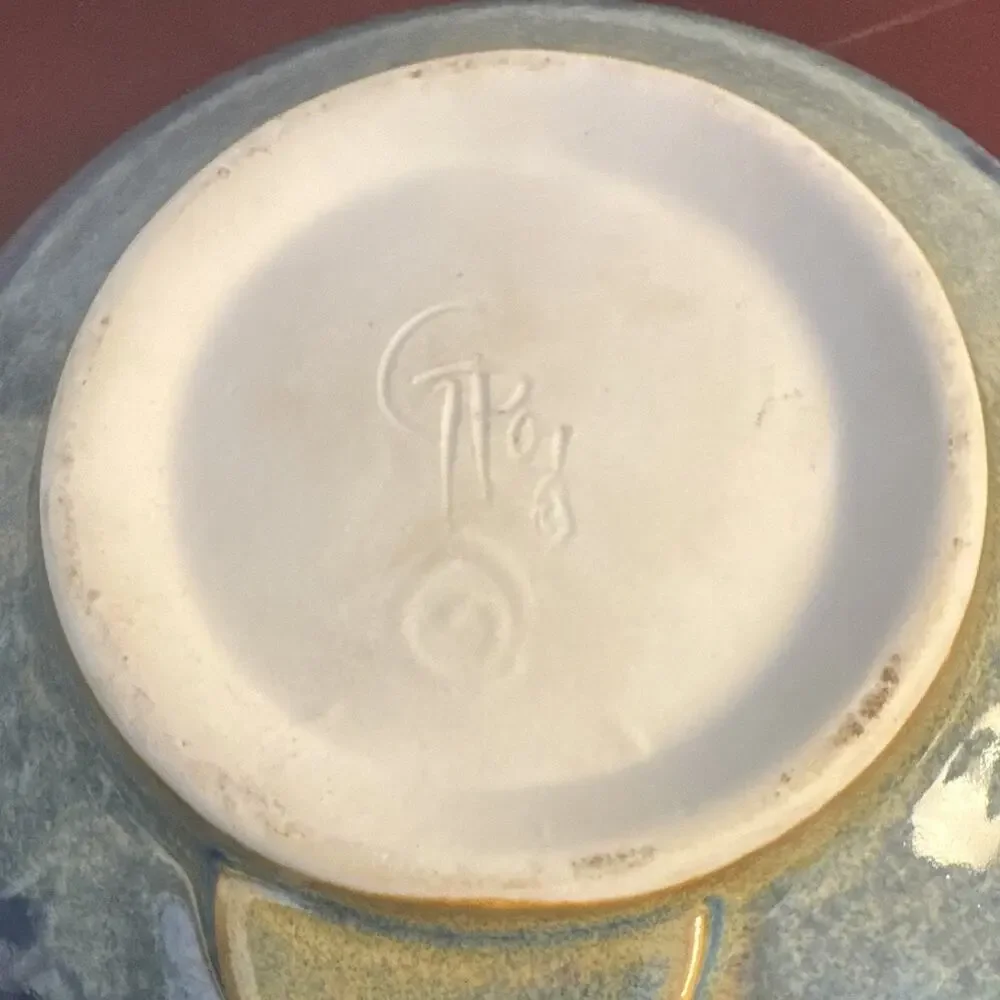 Georgetown Pottery Ikebana round flat UFO flower frog signed , Main Art Pottery